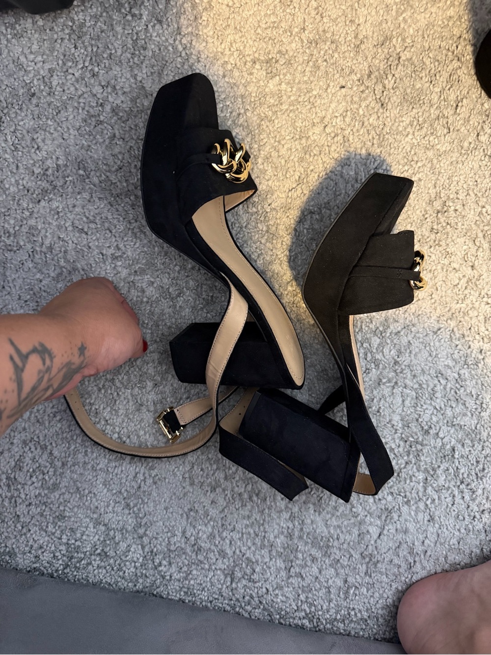 H&M Black Platform Block Heel Sandals with Gold Chain Detail